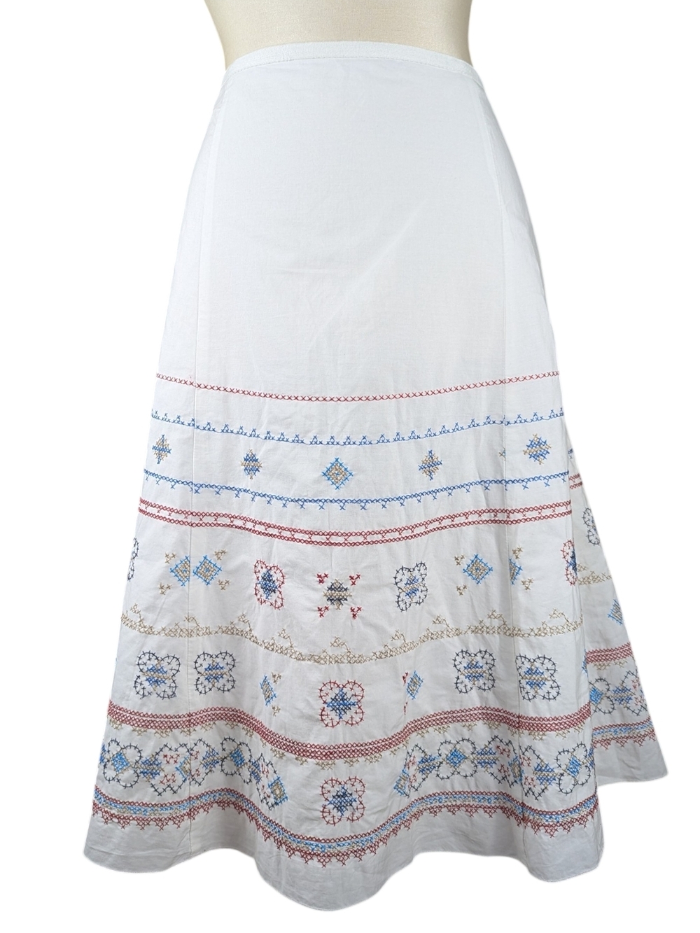 Liz Claiborne Vintage White A-line Maxi Skirt with Red and Blue Embroidery